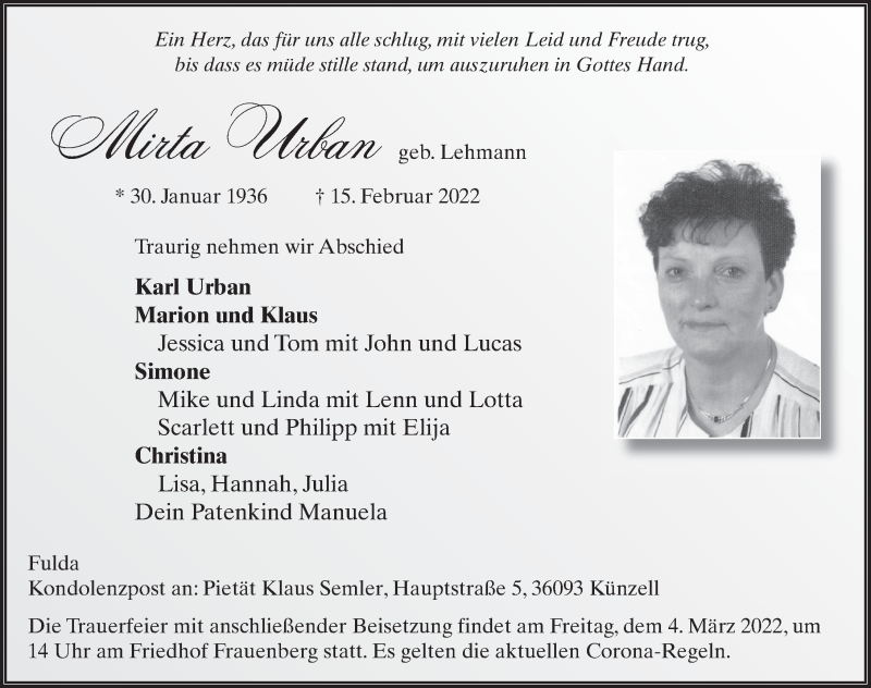  Traueranzeige für Mirta Urban vom 01.03.2022 aus FZ