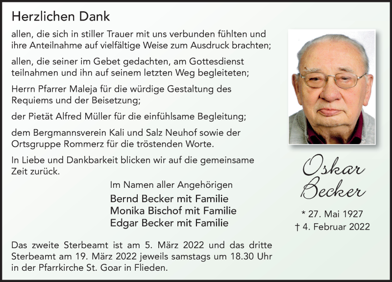  Traueranzeige für Oskar Becker vom 04.03.2022 aus FZ