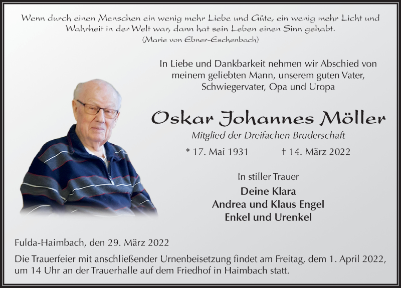  Traueranzeige für Oskar Möller vom 29.03.2022 aus FZ