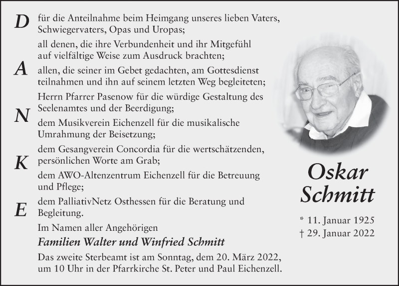  Traueranzeige für Oskar Schmitt vom 18.03.2022 aus FZ
