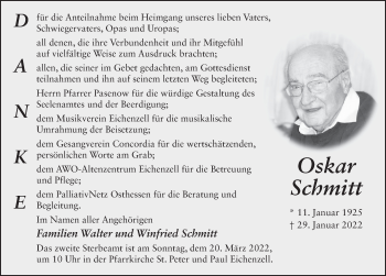 Traueranzeige von Oskar Schmitt von FZ