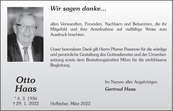 Traueranzeige von Otto Haas von FZ
