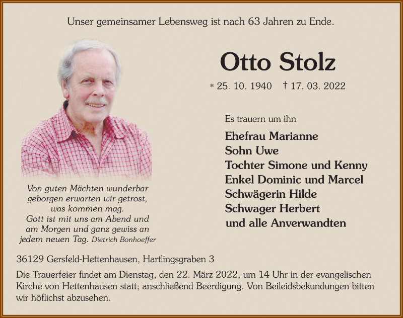  Traueranzeige für Otto Stolz vom 21.03.2022 aus FZ