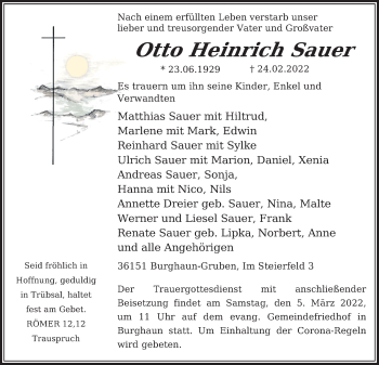 Traueranzeige von Otto Heinrich Sauer von FZ