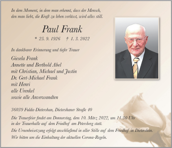 Traueranzeige von Paul Frank von FZ