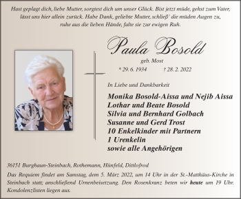 Traueranzeige von Paula Bosold von FZ
