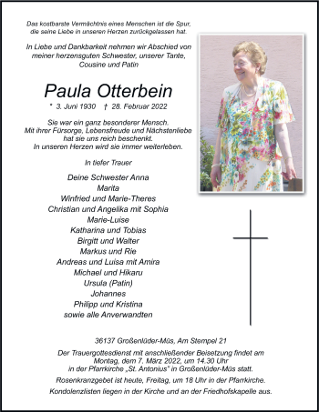 Traueranzeige von Paula Otterbein von FZ