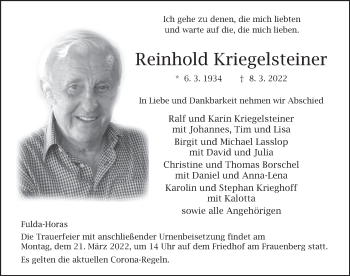Traueranzeige von Reinhold Kriegelsteiner von FZ