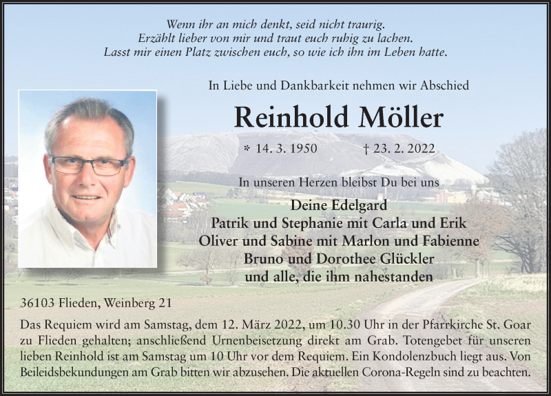  Traueranzeige für Reinhold Möller vom 08.03.2022 aus FZ