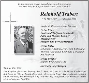 Traueranzeige von Reinhold Trabert von FZ