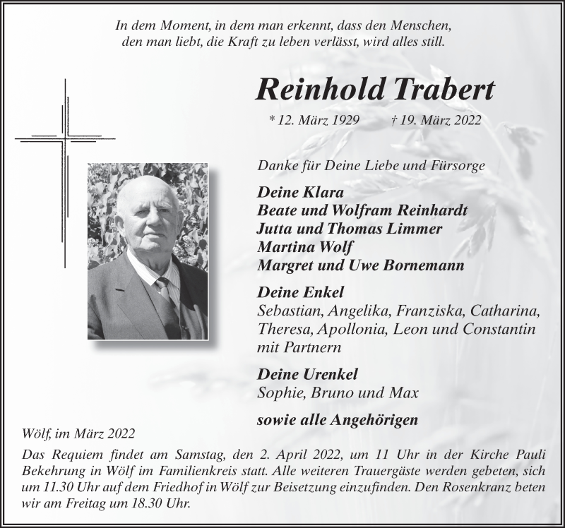  Traueranzeige für Reinhold Trabert vom 30.03.2022 aus FZ