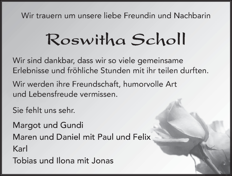  Traueranzeige für Roswitha Scholl vom 18.03.2022 aus FZ