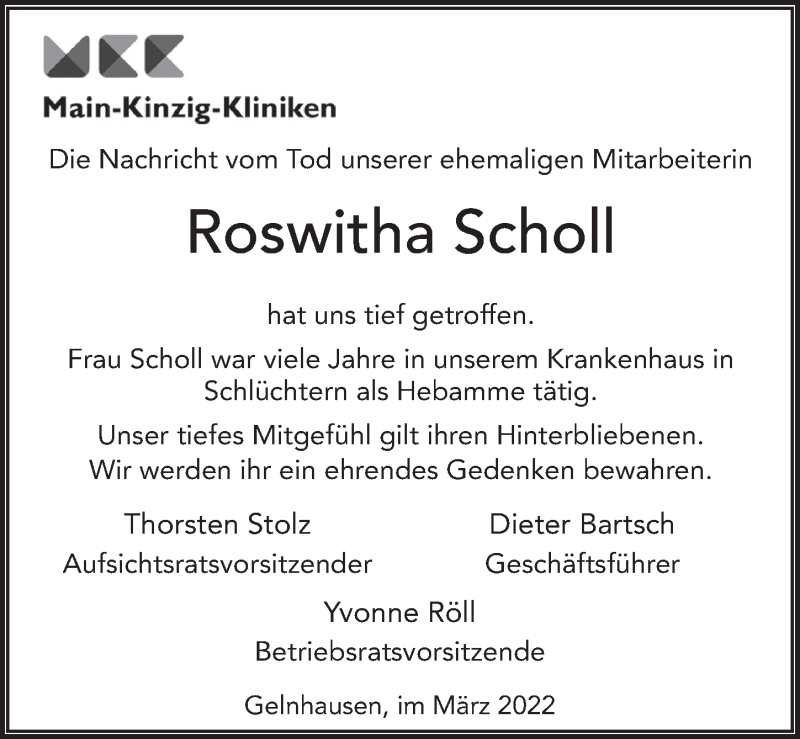  Traueranzeige für Roswitha Scholl vom 26.03.2022 aus FZ