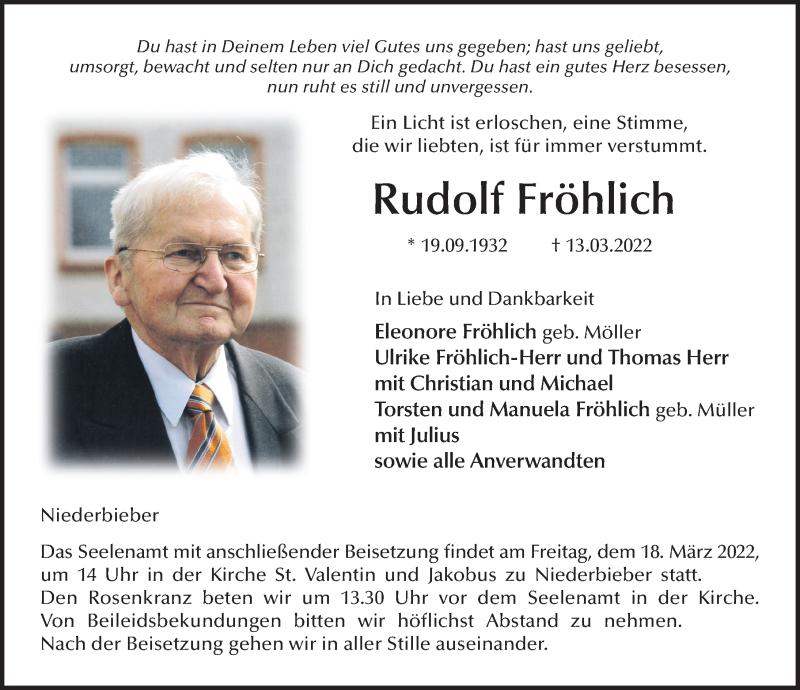  Traueranzeige für Rudolf Fröhlich vom 17.03.2022 aus FZ