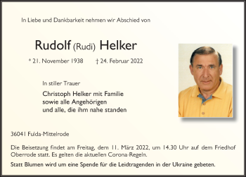 Traueranzeige von Rudolf Helker von FZ