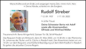 Traueranzeige von Rudolf Streber von FZ