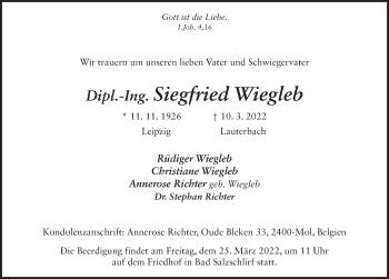 Traueranzeige von Siegfried Wiegleb von FZ