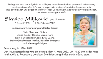 Traueranzeige von Slavica Miljkovic von FZ