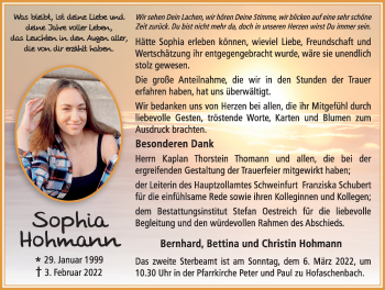 Traueranzeige von Sophia Hohmann von FZ