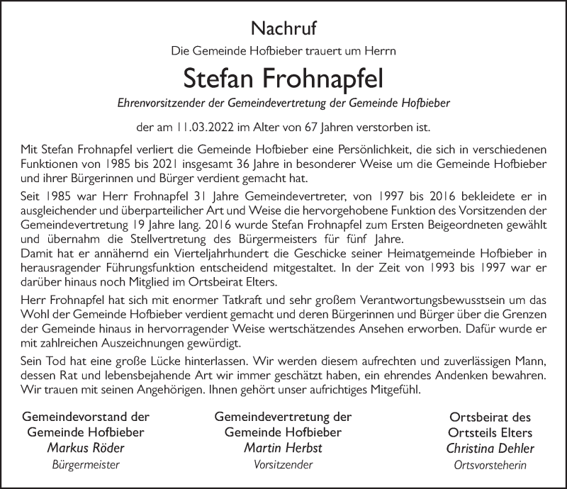  Traueranzeige für Stefan Frohnapfel vom 15.03.2022 aus FZ