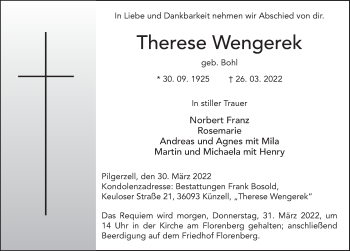 Traueranzeige von Therese Wengerek von FZ