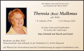 Traueranzeige von Theresia Malkmus von FZ