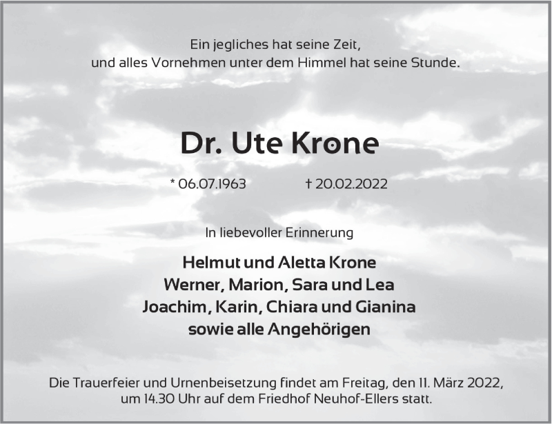  Traueranzeige für Ute Krone vom 09.03.2022 aus FZ