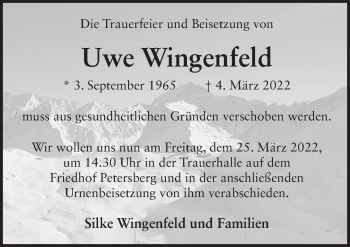 Traueranzeige von Uwe Wingenfeld von FZ