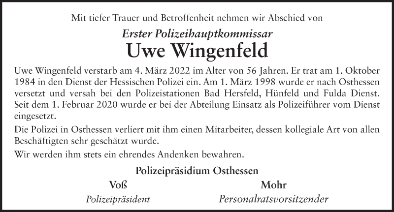  Traueranzeige für Uwe Wingenfeld vom 12.03.2022 aus FZ