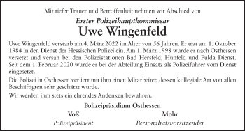 Traueranzeige von Uwe Wingenfeld von FZ