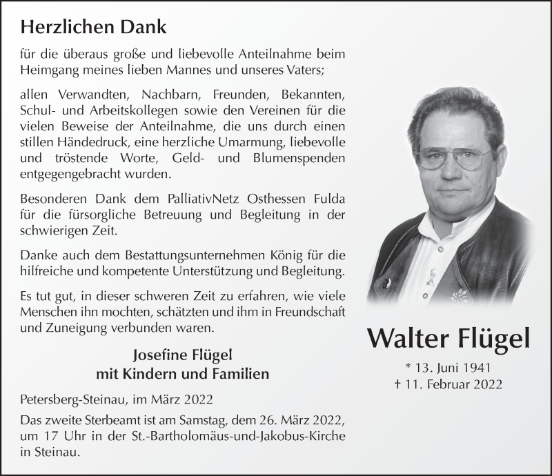  Traueranzeige für Walter Flügel vom 19.03.2022 aus FZ