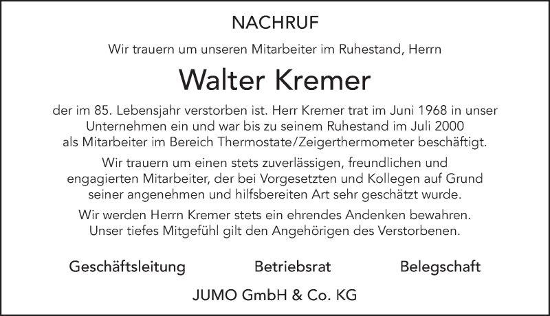  Traueranzeige für Walter Kremer vom 31.03.2022 aus FZ