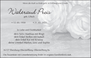 Traueranzeige von Waltraud Preis von FZ