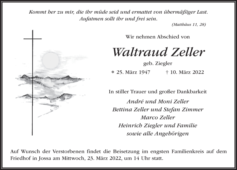  Traueranzeige für Waltraud Zeller vom 19.03.2022 aus FZ