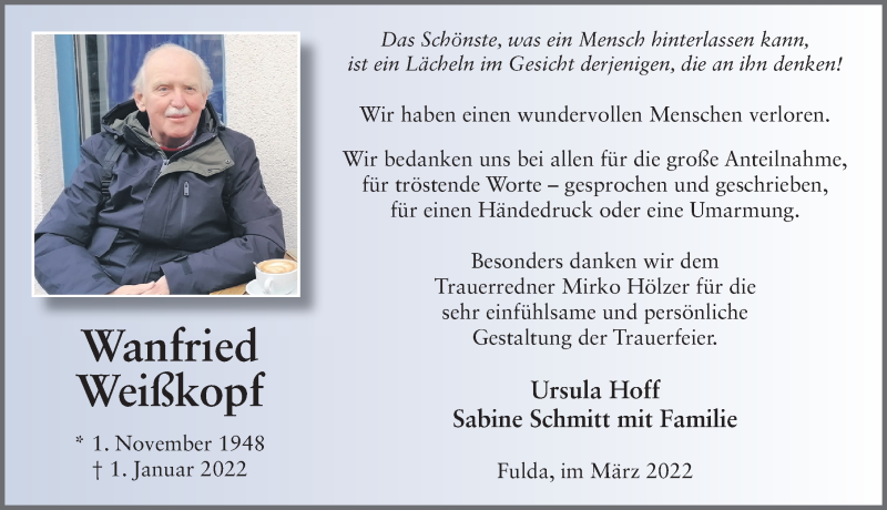  Traueranzeige für Wanfried Weißkopf vom 12.03.2022 aus FZ