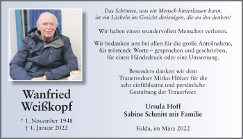 Traueranzeige von Wanfried Weißkopf von FZ