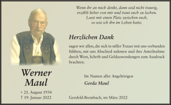 Traueranzeige von Werner Maul von FZ