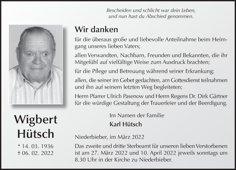  Traueranzeige für Wigbert Hütsch vom 23.03.2022 aus FZ