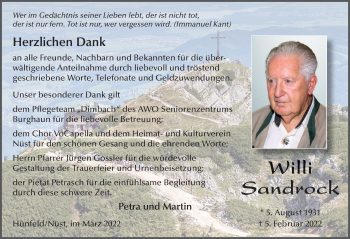 Traueranzeige von Willi Sandrock von FZ