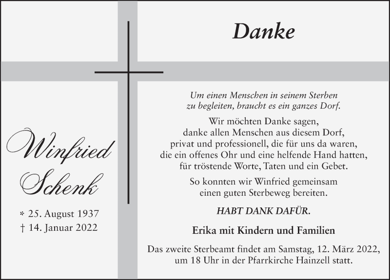  Traueranzeige für Winfried Schenk vom 10.03.2022 aus FZ