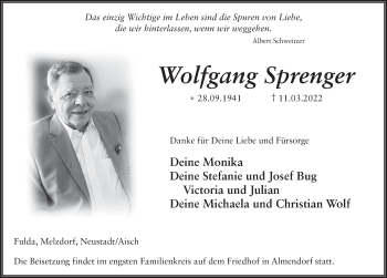 Traueranzeige von Wolfgang Sprenger von FZ