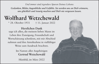 Traueranzeige von Wolfhard Wetzchewald von FZ