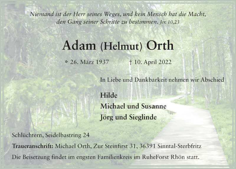  Traueranzeige für Adam Orth vom 16.04.2022 aus FZ