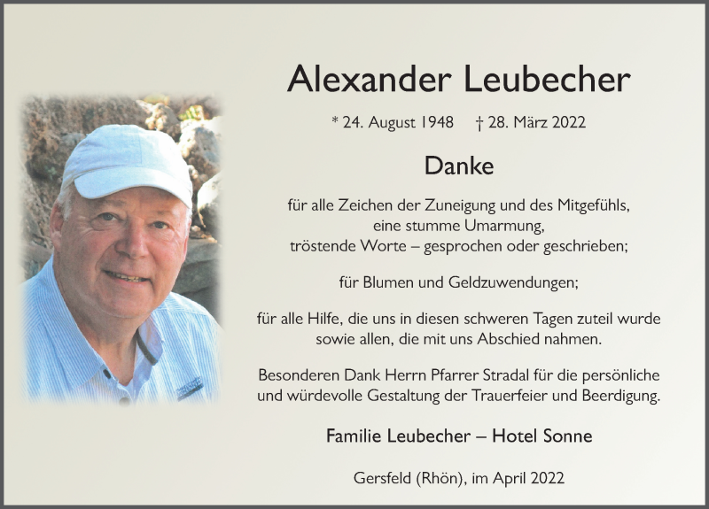  Traueranzeige für Alexander Leubecher vom 30.04.2022 aus FZ