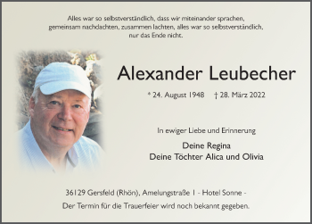Traueranzeige von Alexander Leubecher von FZ