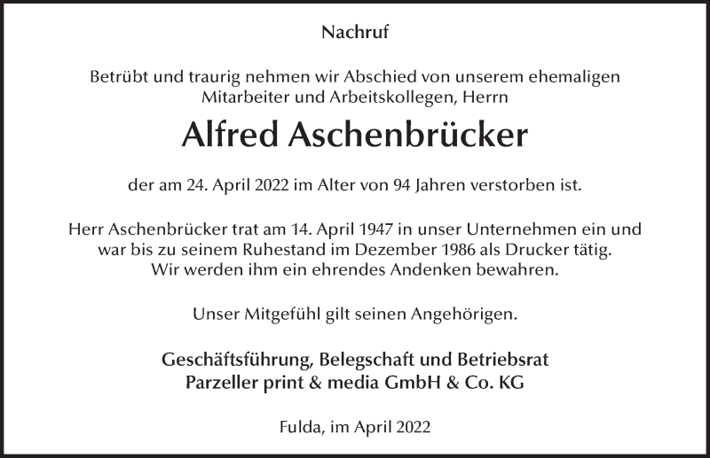 Traueranzeige für Alfred Aschenbrücker vom 27.04.2022 aus FZ