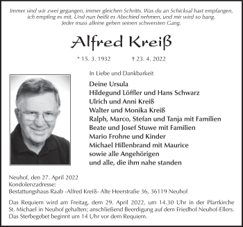 Traueranzeige von Alfred Kreiß von FZ