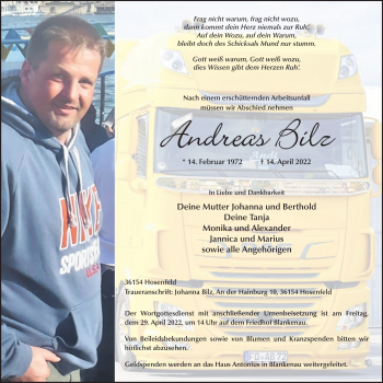 Traueranzeige von Andreas Bilz von FZ