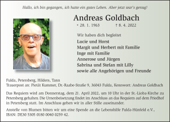 Traueranzeige von Andreas Goldbach von FZ
