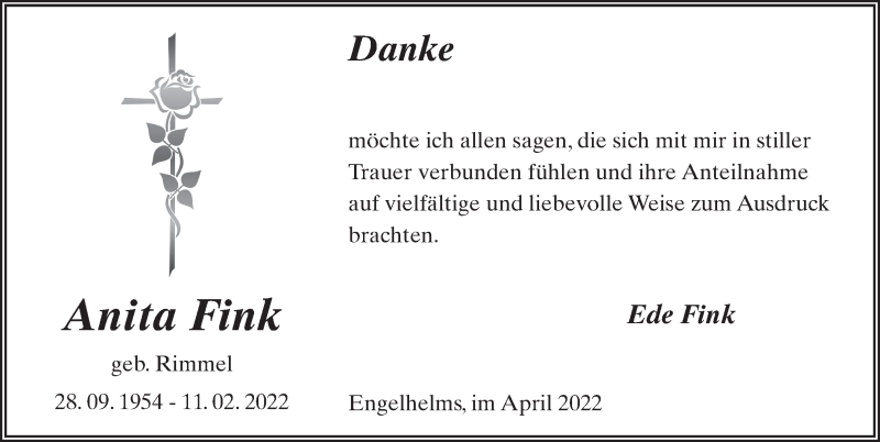  Traueranzeige für Anita Fink vom 09.04.2022 aus FZ